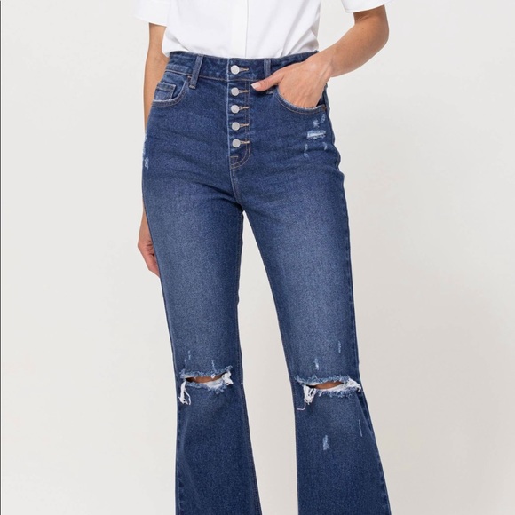 Cello Dark Denim Distressed Flare Jeans, Size 9 - Picture 4 of 4